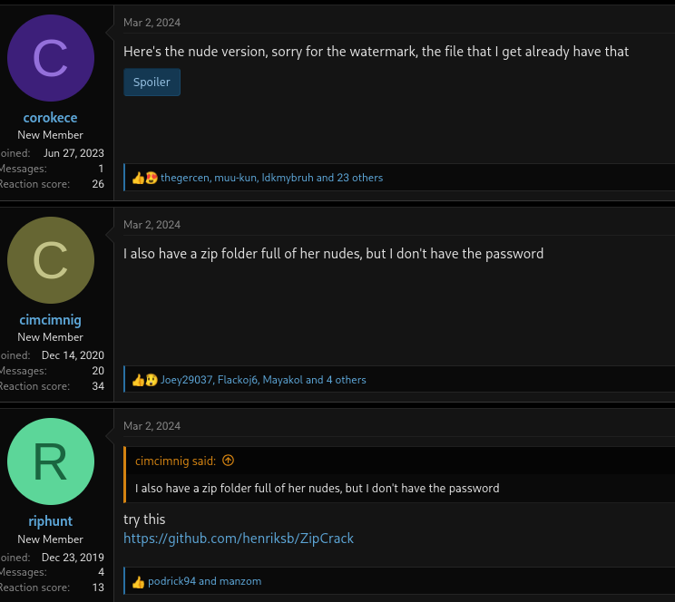 A forum reply recommending my ZipCrack tool to recover the password for an archive of nude photos