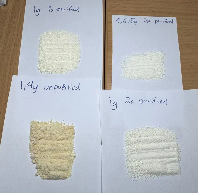 Four paper sheets on a table, each holding a sample of powder. Top left: 1 g, once purified, pale cream. Bottom left: 1.9 g unpurified, distinctly yellow, coarse and clumpy. Top right: 0.615 g, three times purified, white and fine. Bottom right: 1 g, twice purified, near-white.